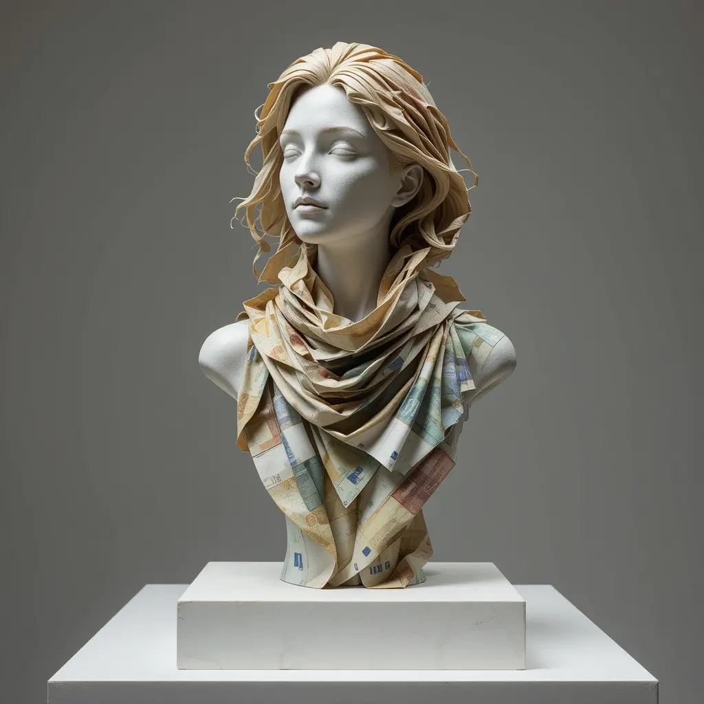 Paper euro banknote woman bust sculpture on pedestal