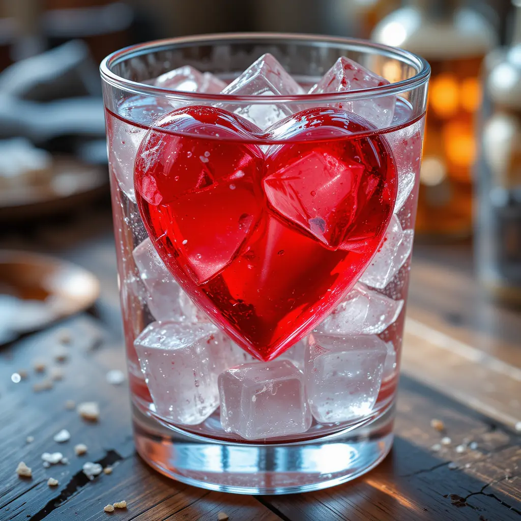 Glass of iced clear drink with red heart cube