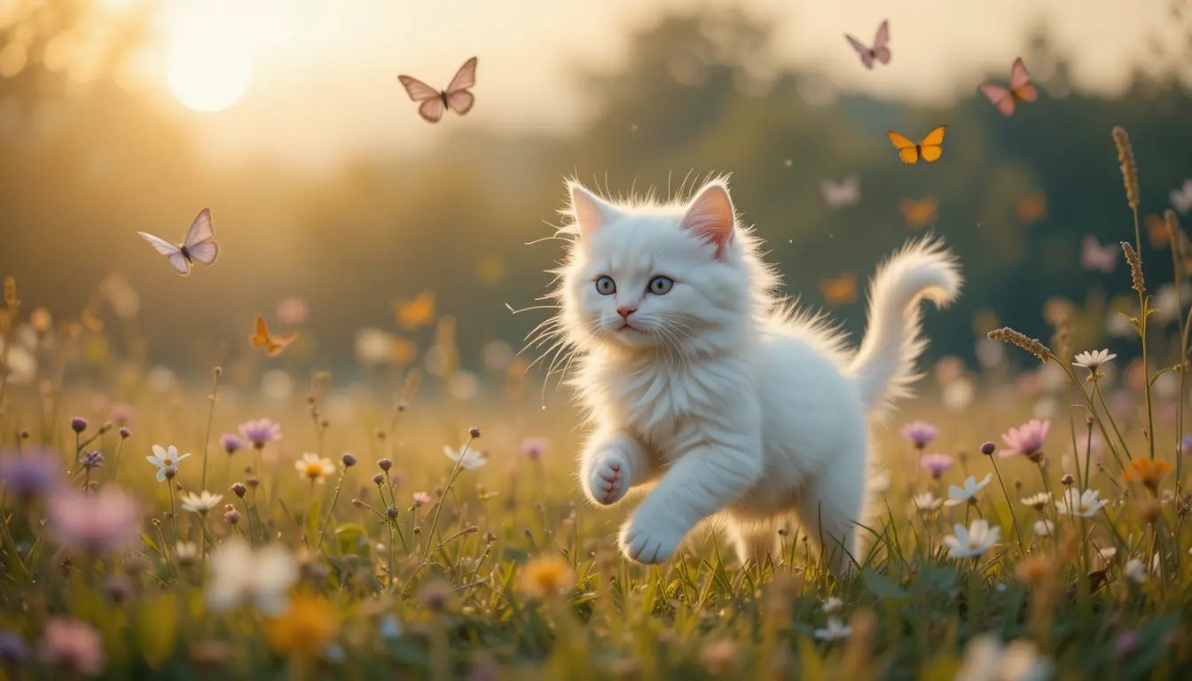 White kitten chasing butterflies across a sunny meadow