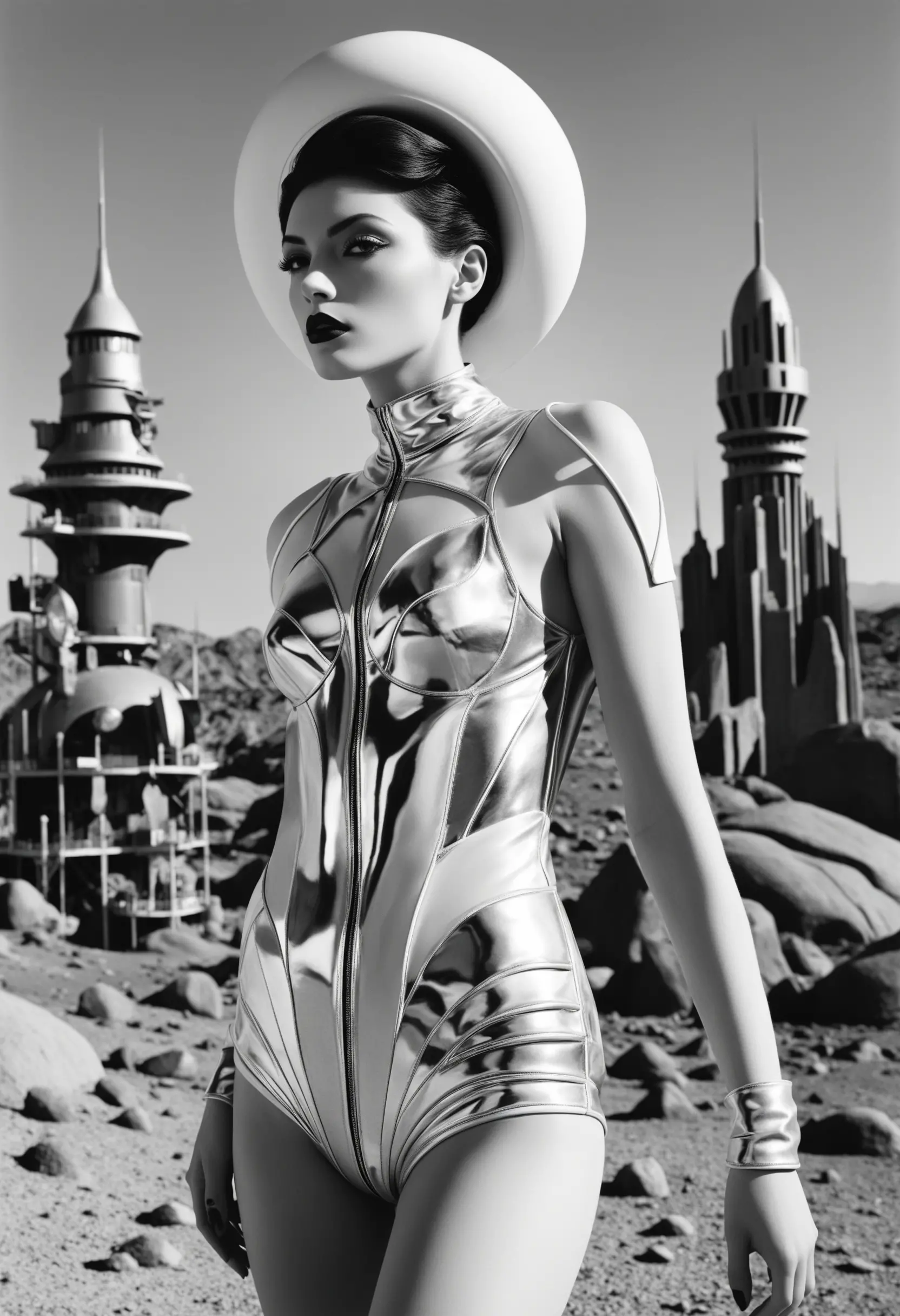 High fashion photographer posing in a mars metropolis