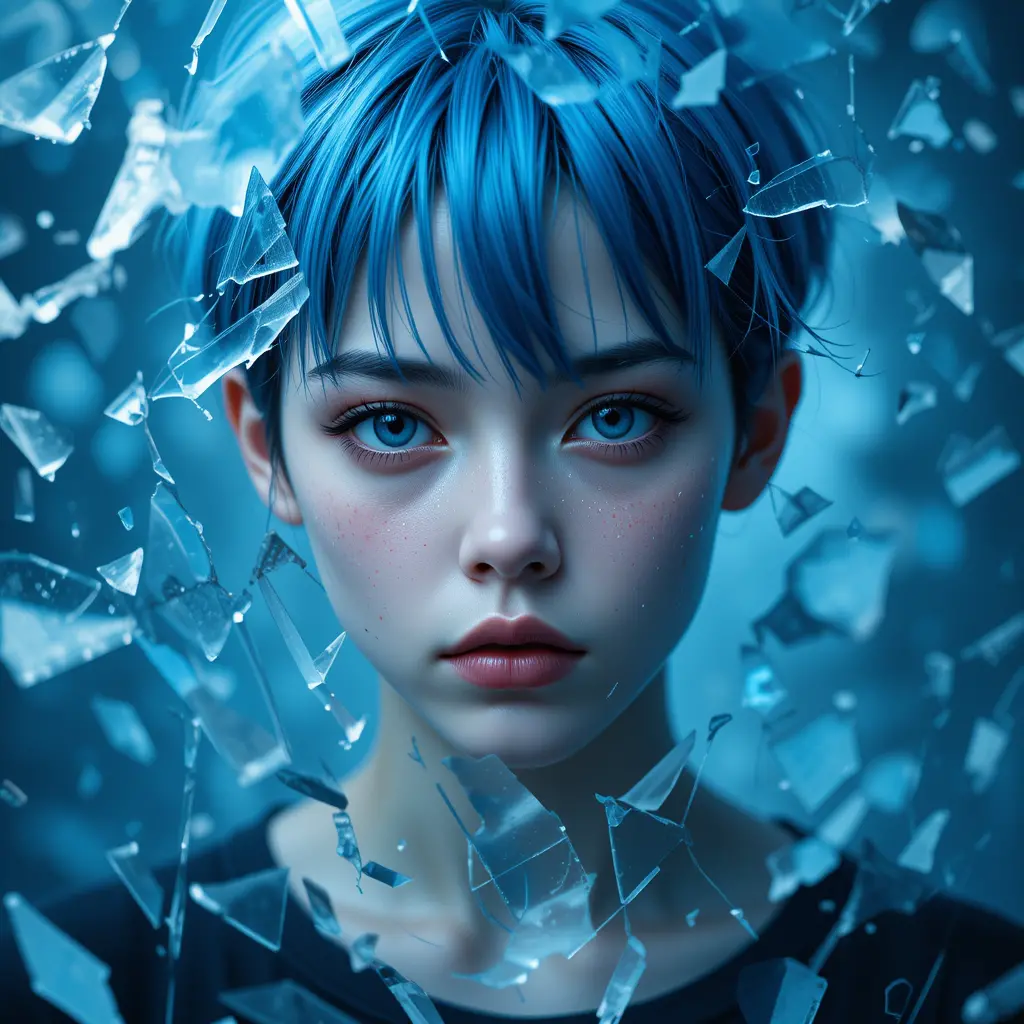 Young person behind broken glass in blue tones