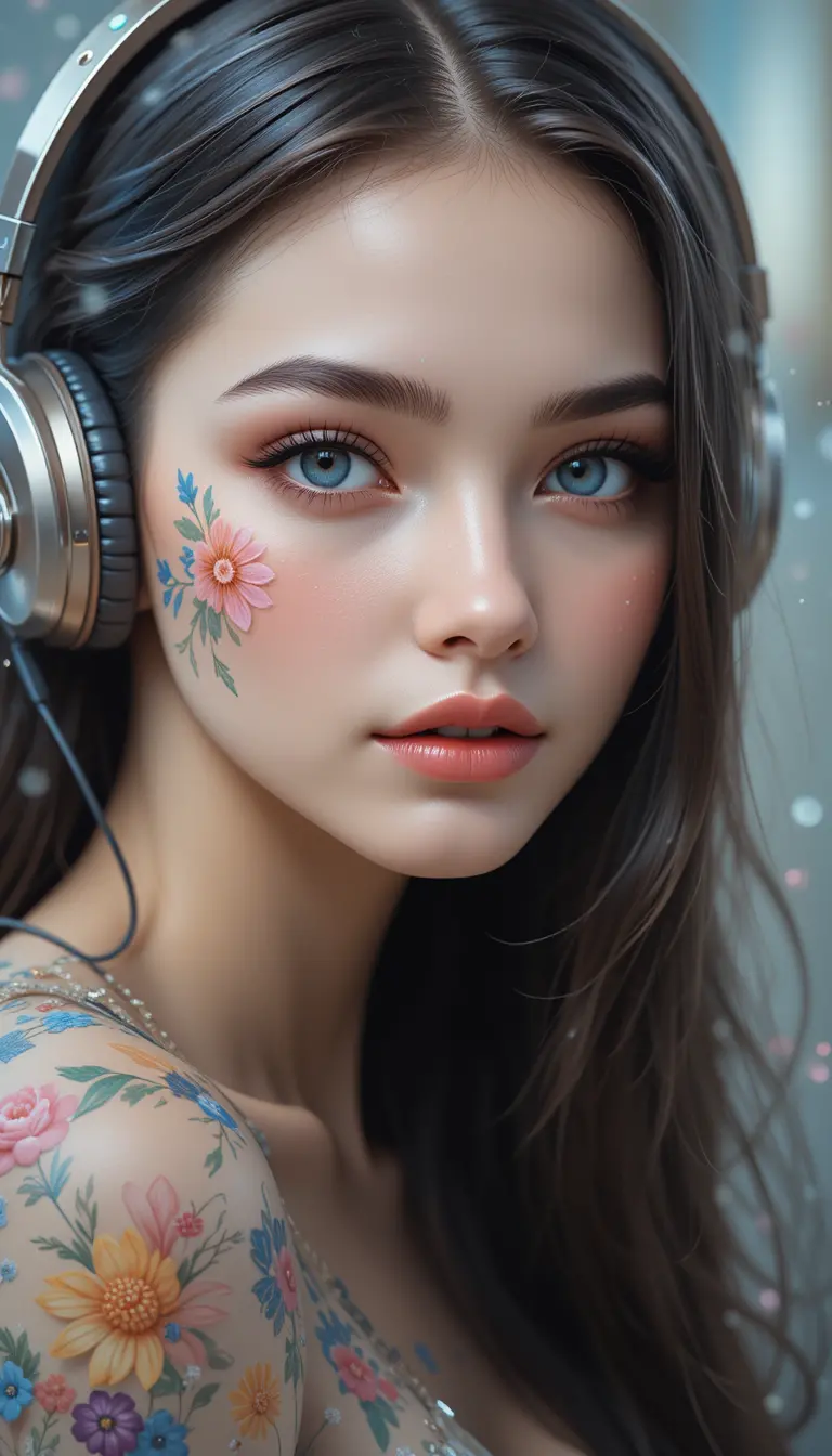 Young woman with floral face art and headphones