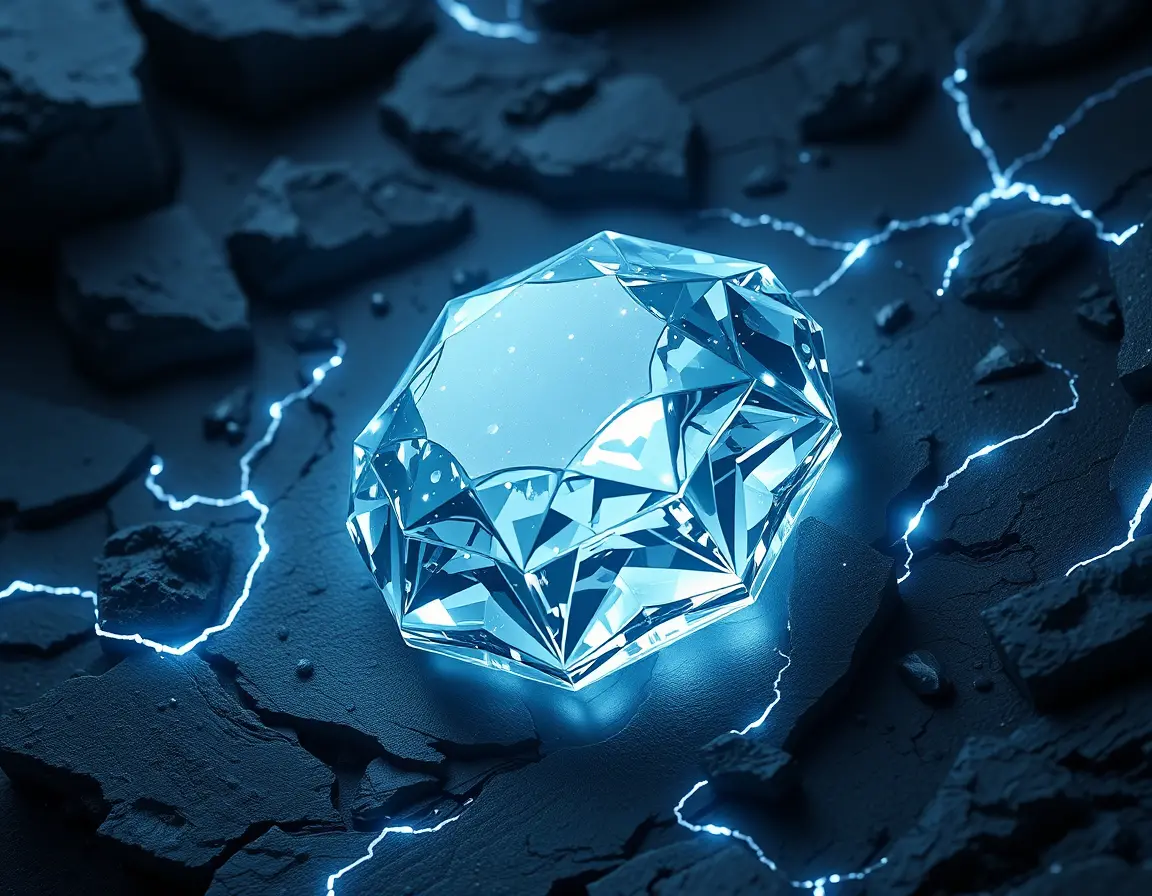 Glowing gemstone with wide white aura on dark background