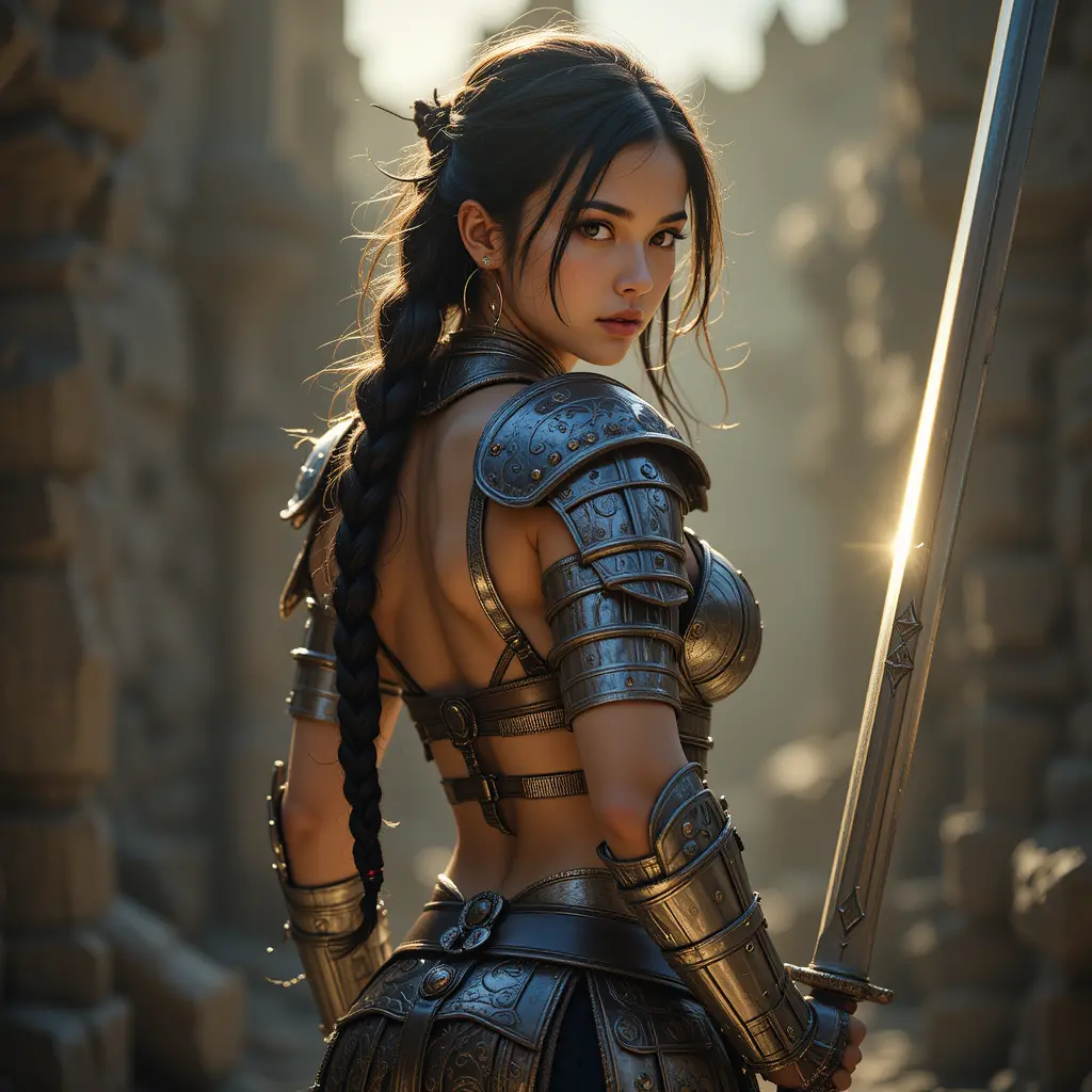 Fantasy warrior woman with scimitar turning toward viewer