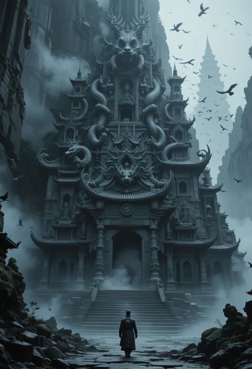 Ancient Mountain Temple With Dragons In Heavy Mist