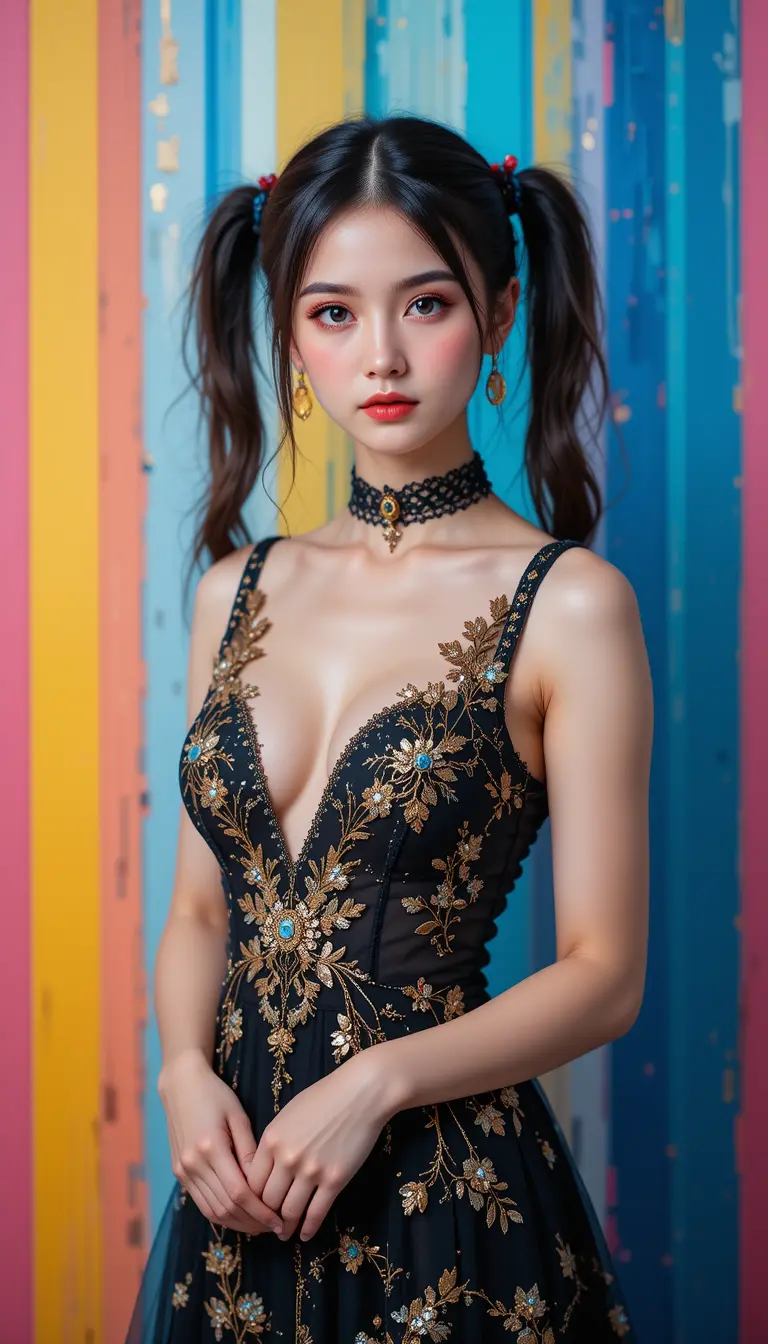 Young woman in sheer black dress against abstract colors