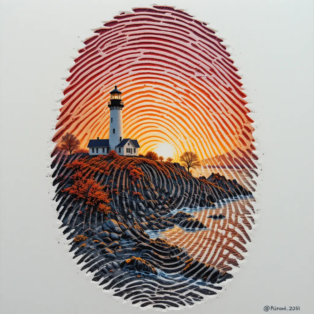 Fingerprint landscape merging lighthouse and rocky shoreline at dawn