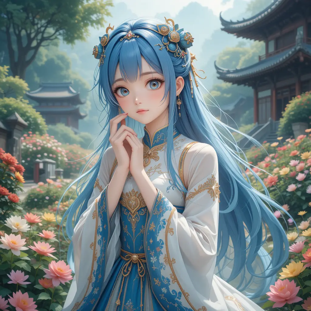 Anime girl in ornate dress in a dreamy flower garden
