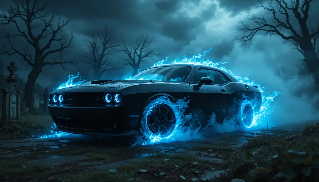 Black muscle car blazing with blue supernatural flames at night