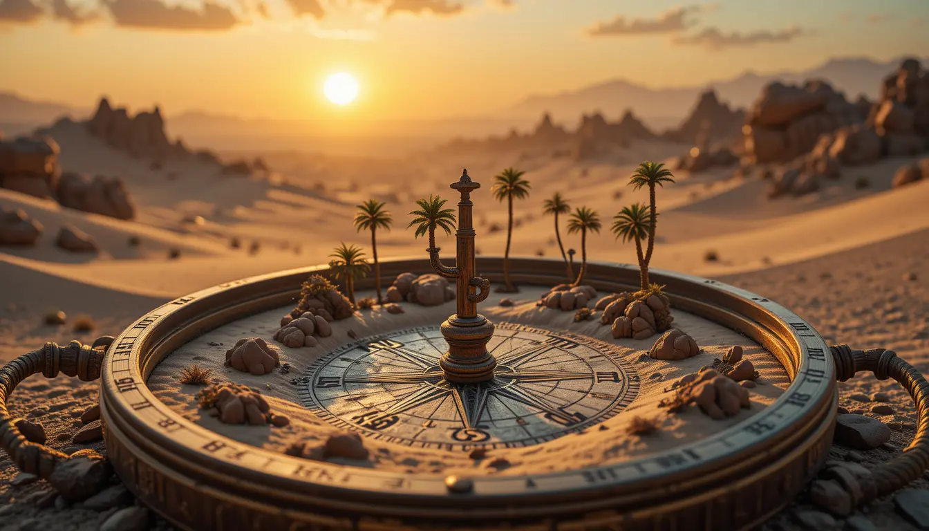 Vintage compass with miniature desert mirage landscape