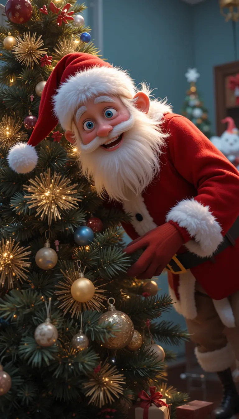 Joyful Santa Claus Sneaking Gifts Under A Christmas Tree