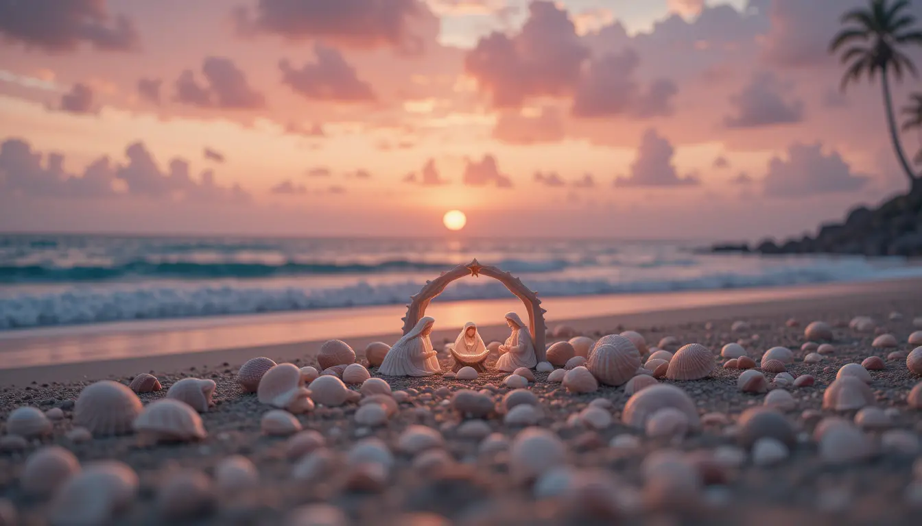 Tropical beach nativity scene at sunset with seashells