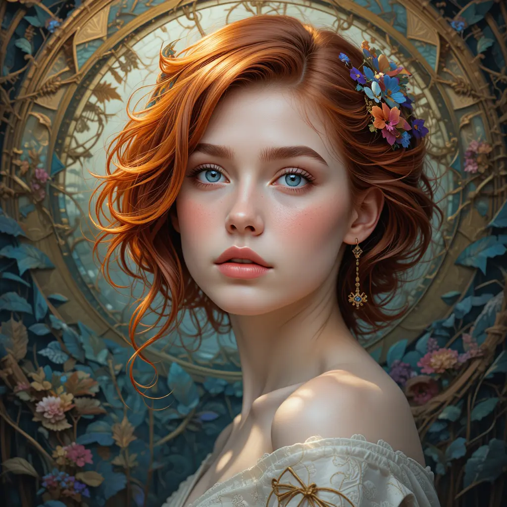 Red haired woman portrait in soft digital fantasy style