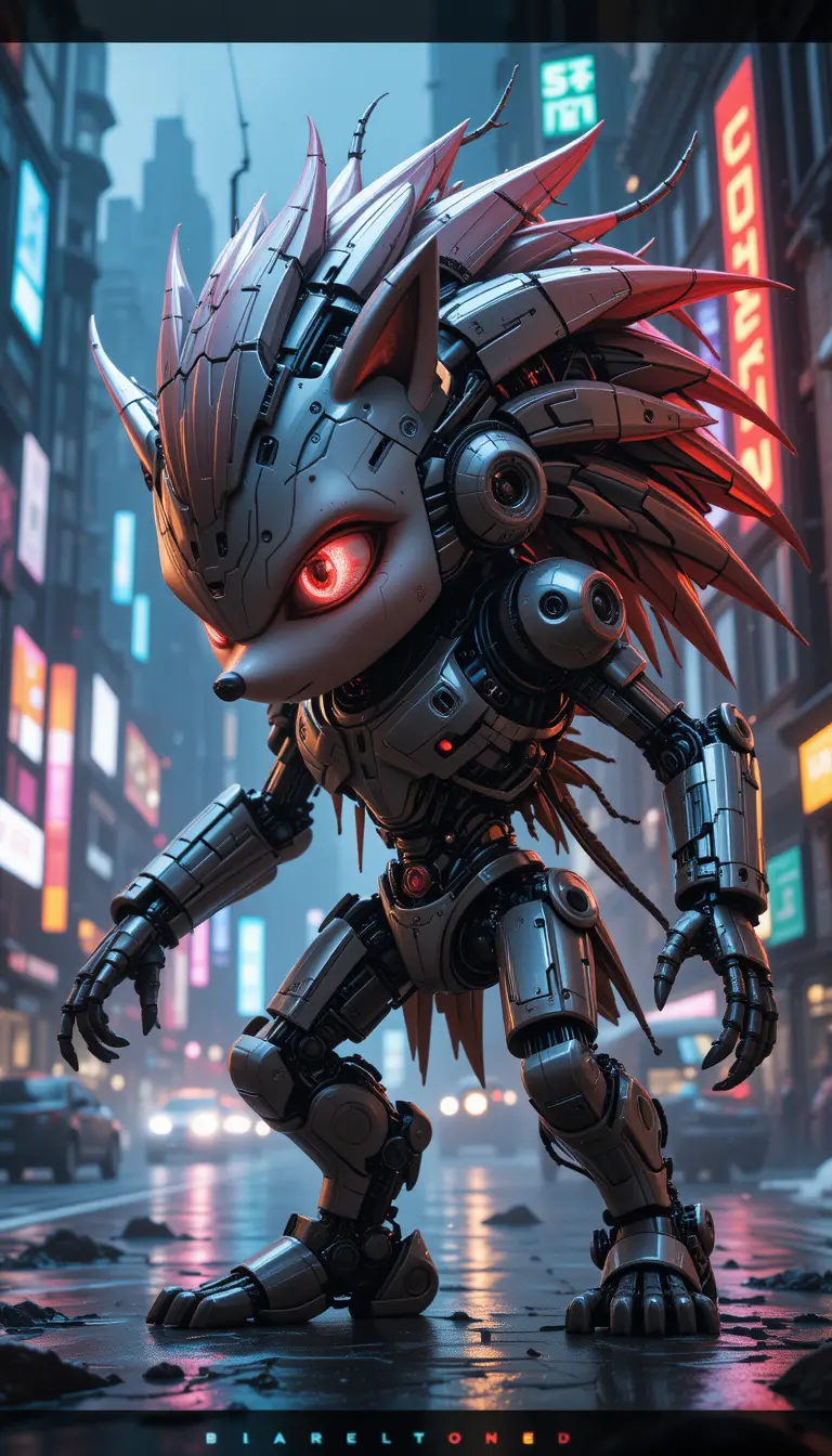 Cyberpunk Android Hedgehog Attacking A Futuristic City