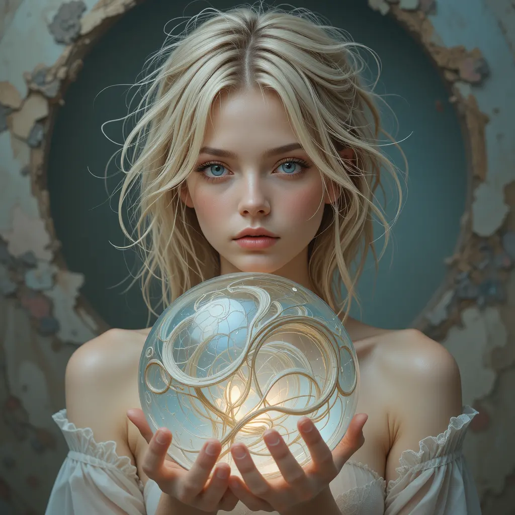 Dreamy digital portrait of a girl with abstract sphere