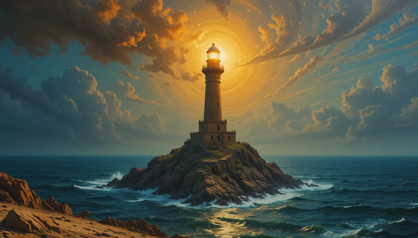 Fantasy Oil Painting Of The Lighthouse Of Alexandria At Sea