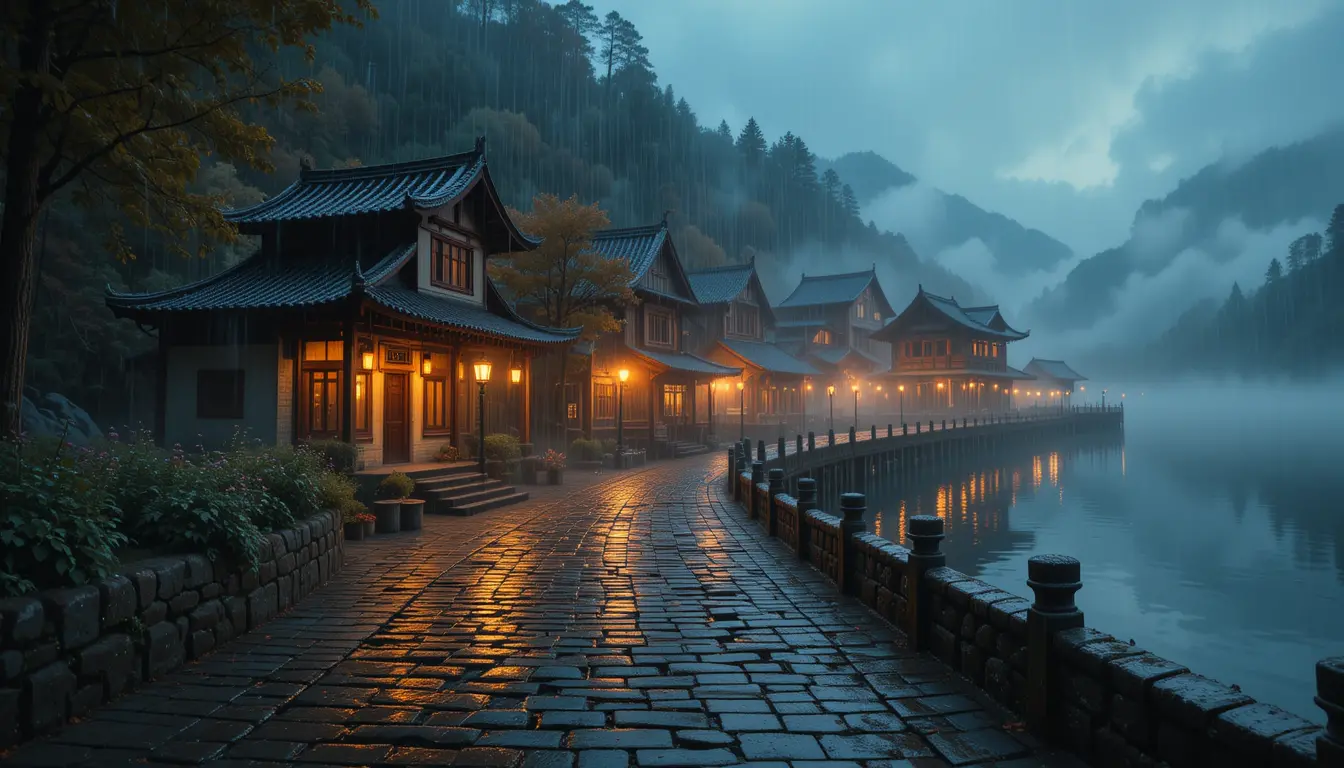 Serene Lantern Lit Village Reflected On A Rainy Lakeside