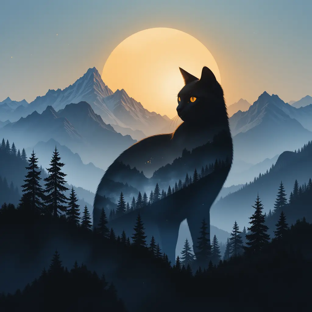 Minimalist cat silhouette merging with tranquil mountain landscape