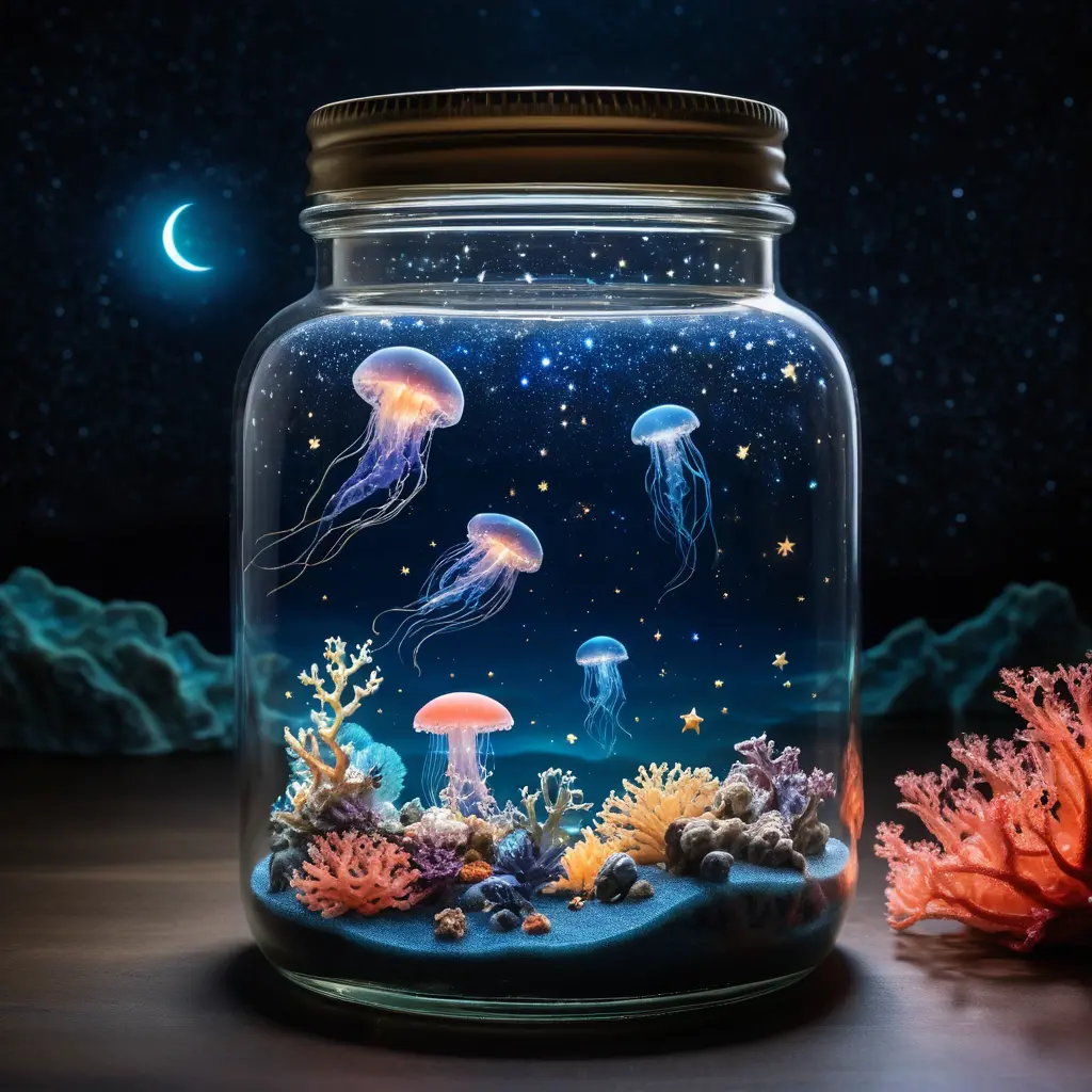Magical glass jar with starry sky above a calm sea