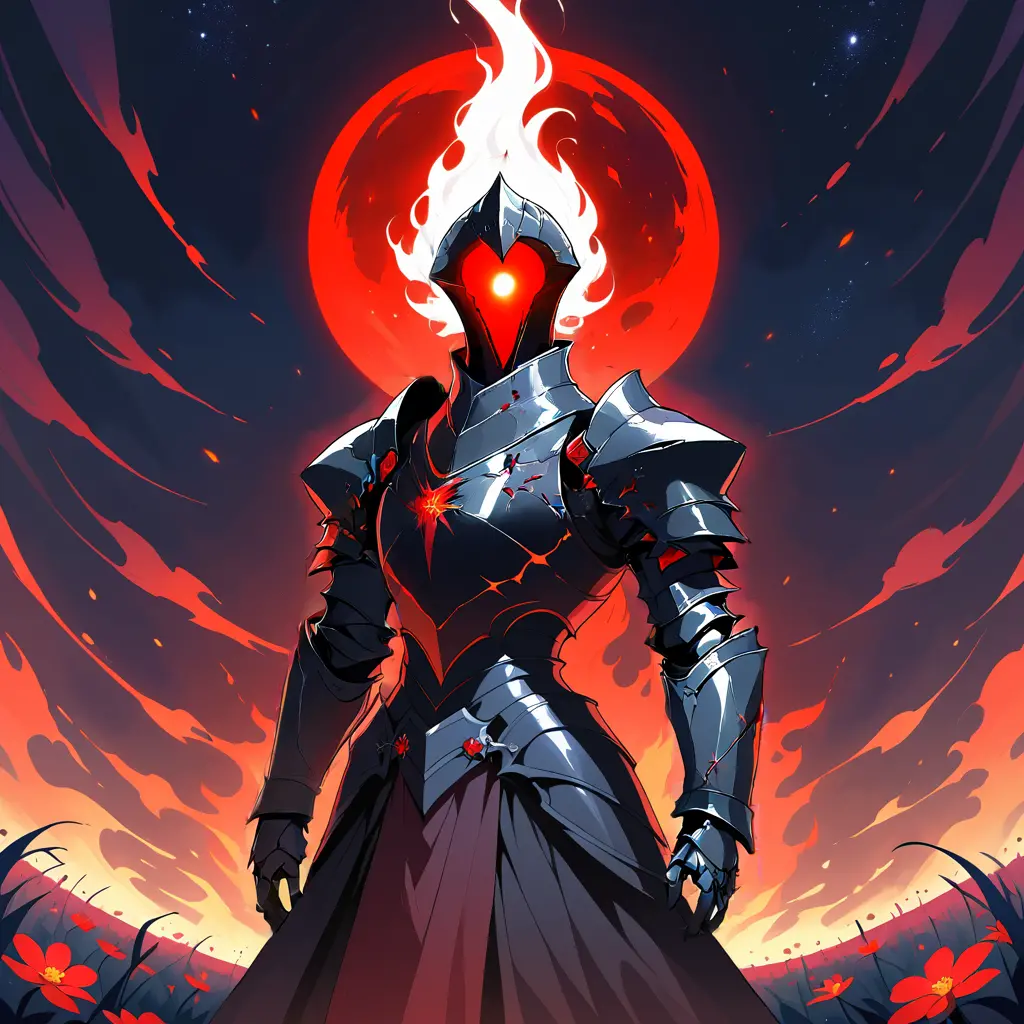 Armored cosmic knight with glowing red eyes in space