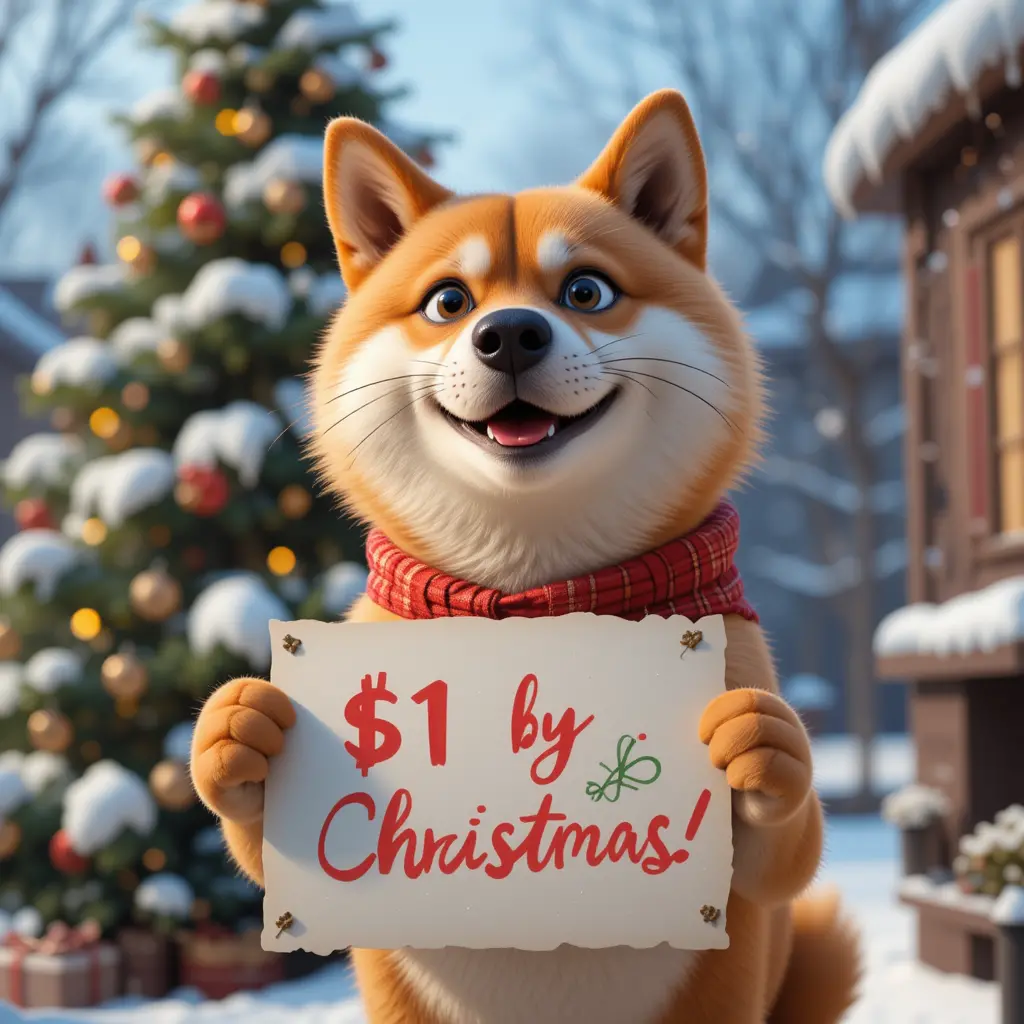 Shiba inu holding a christmas poster in snowy pixar style
