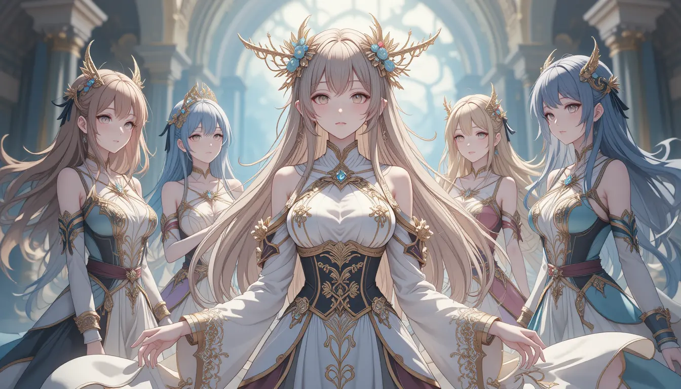 Anime fantasy women in soft pastel illustration