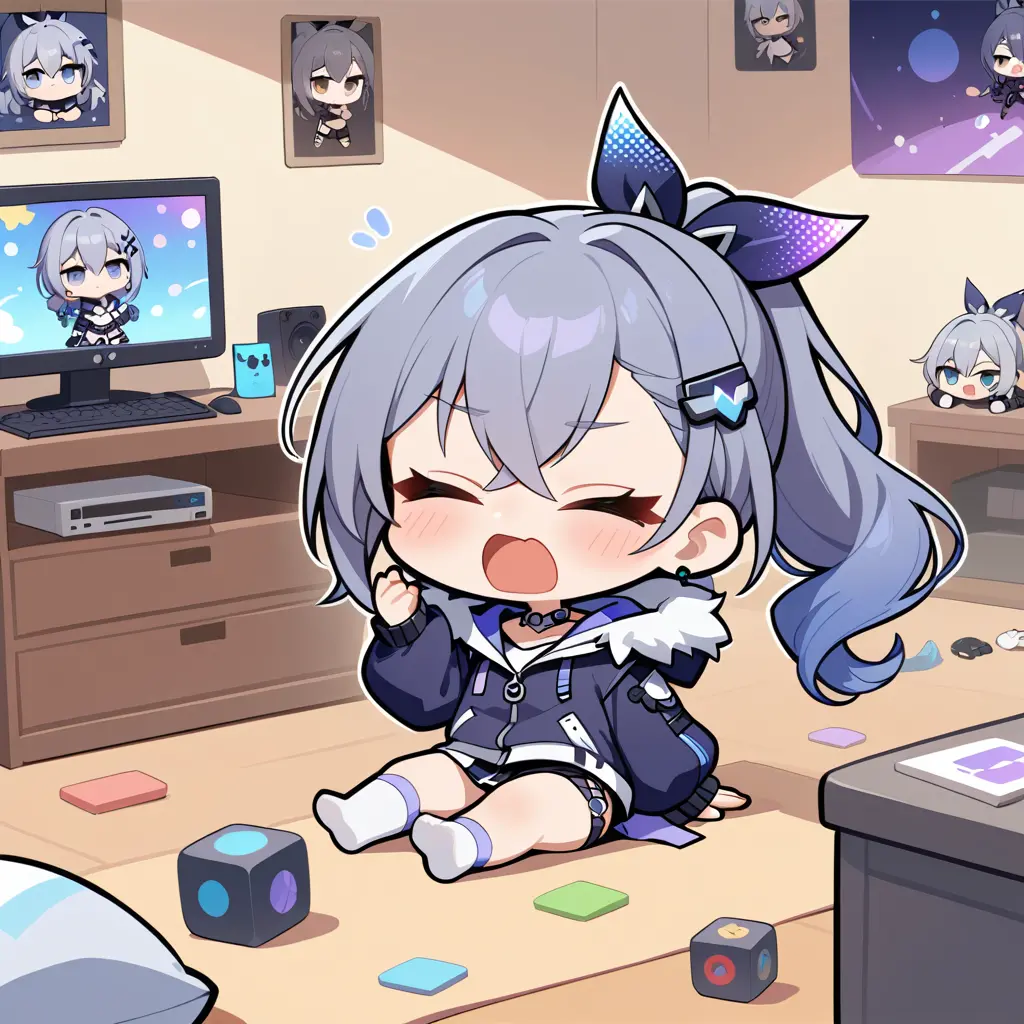Chibi anime girl yawning in a messy gamer bedroom