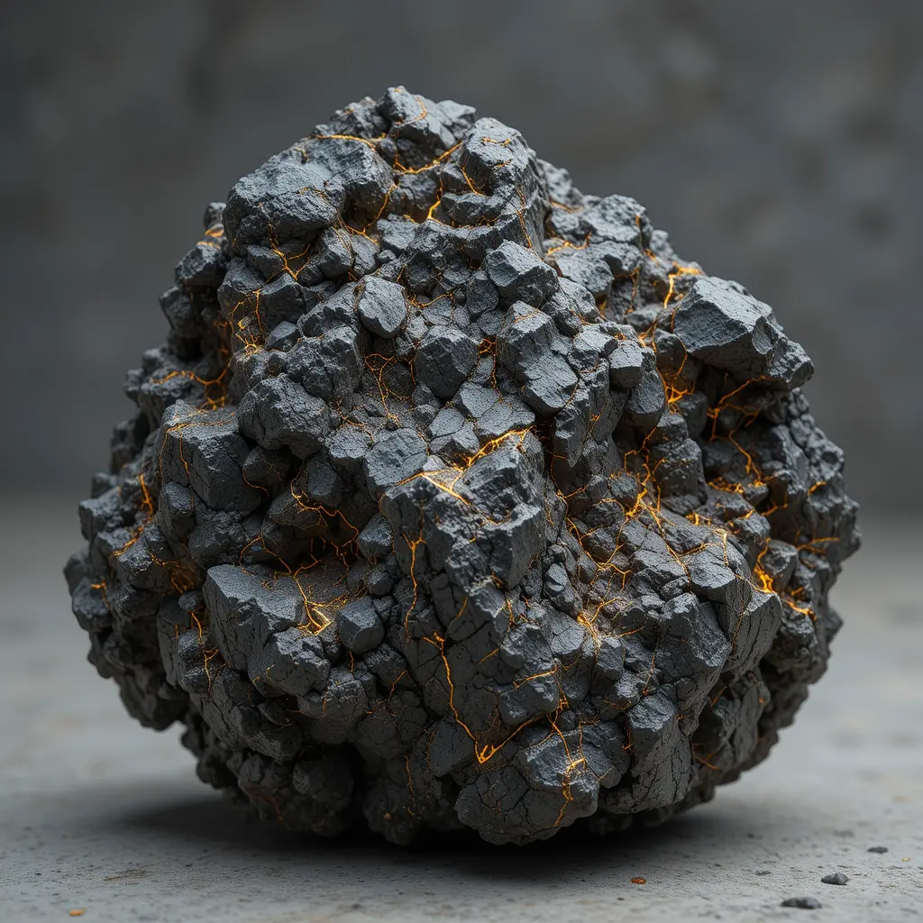 Raw gray mineral rock with glowing golden veins