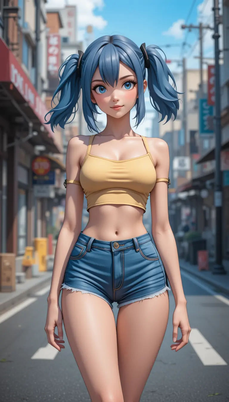 Anime girl in yellow crop top on city street