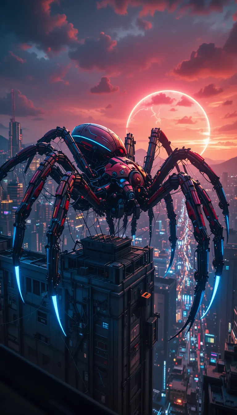 Giant robotic spider on neon futuristic city rooftop