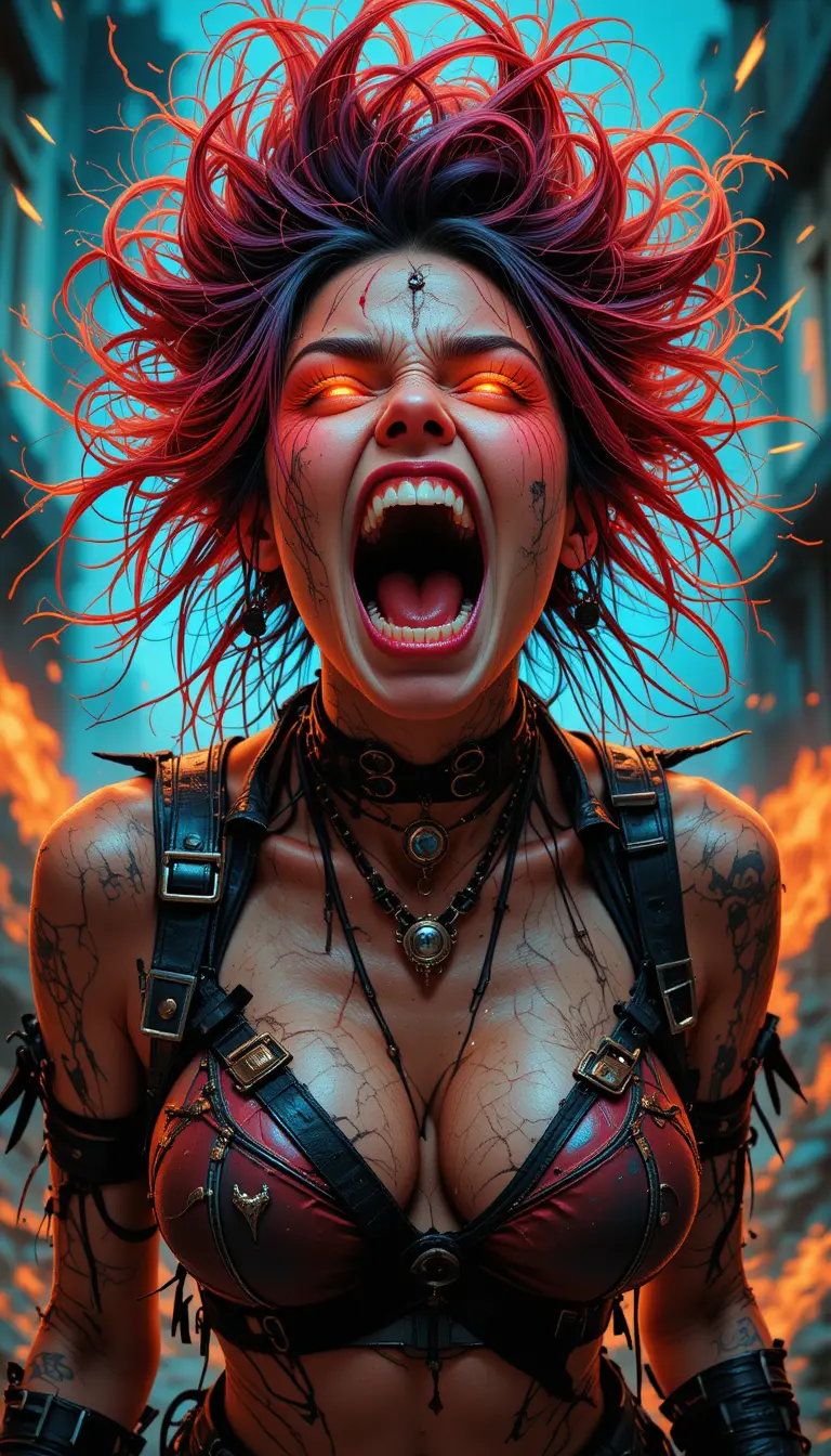 Woman screaming with fierce rage in vivid digital art
