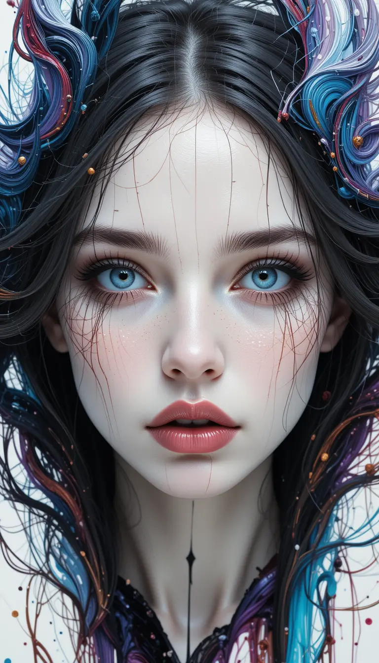 Mysteriou​​​​s woman close up on white abstract painted background