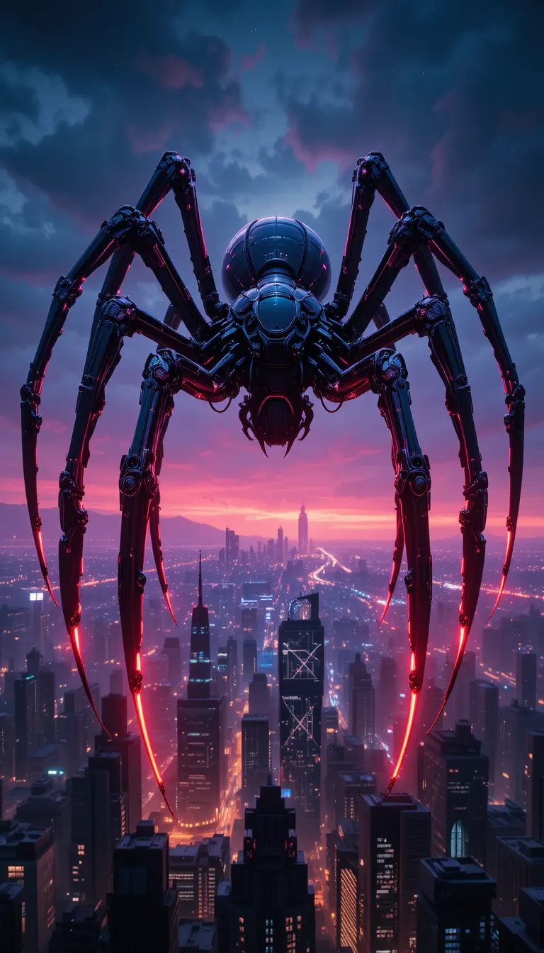 Giant mechanical spider looming over neon futuristic city
