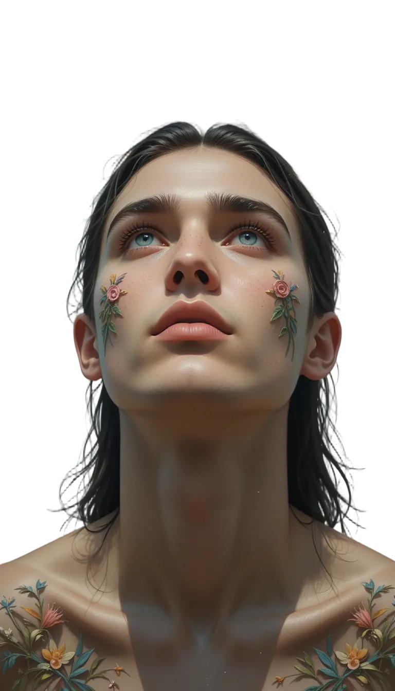 Young man with floral face art gazing at the sky
