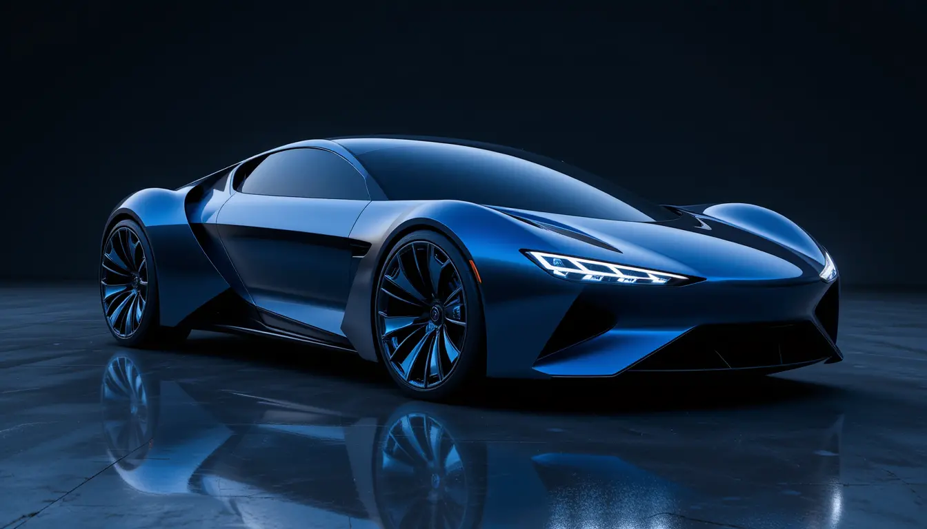 Futuristic blue concept car in three quarter studio view
