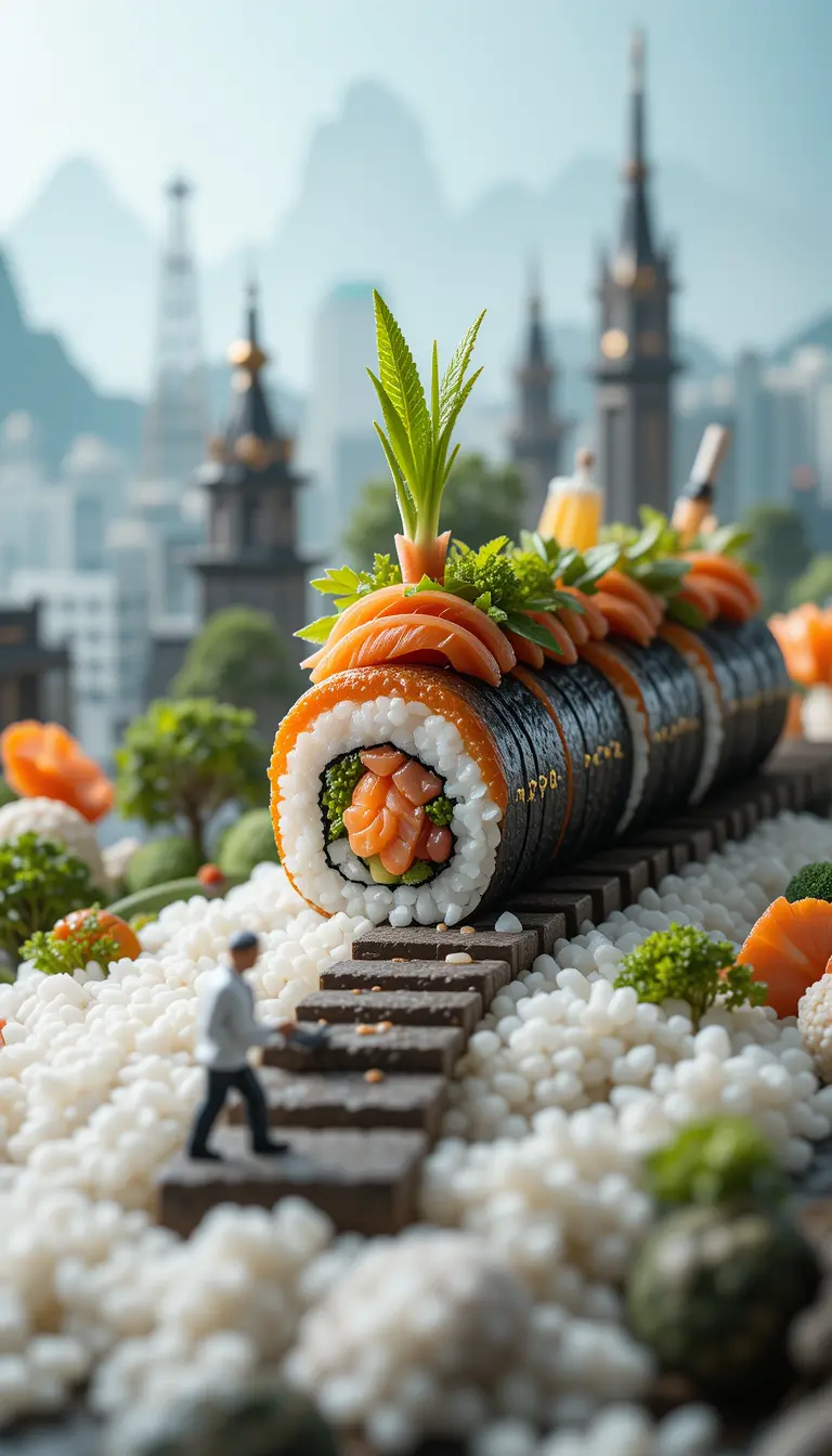 Miniature chefs walking across giant sushi roll landscape