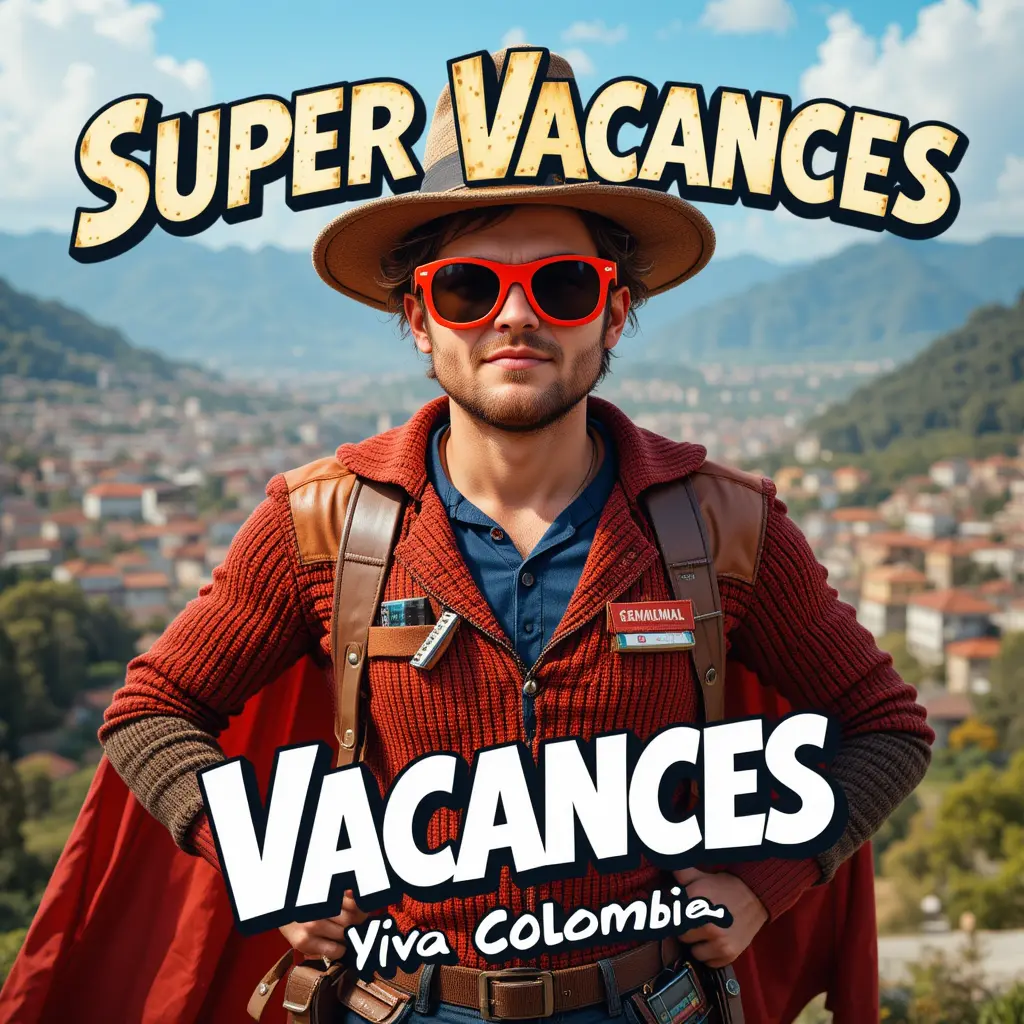 Geeky superhero vacation poster in a Colombian city