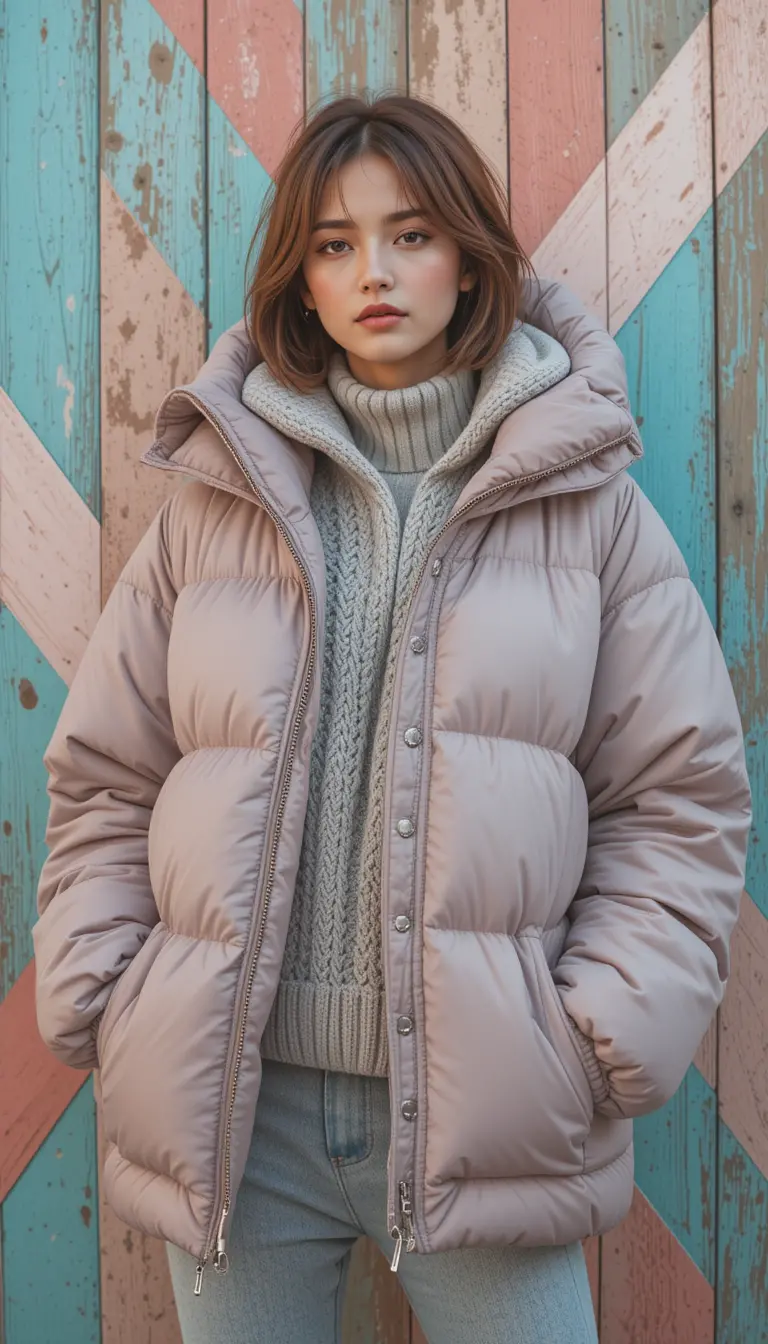 Woman in oversized pastel puffer jacket against wooden panels