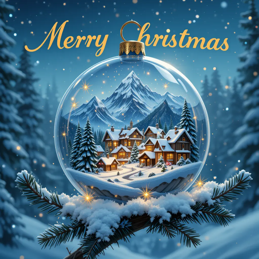 Christmas bauble with tiny snowy village on tree branch