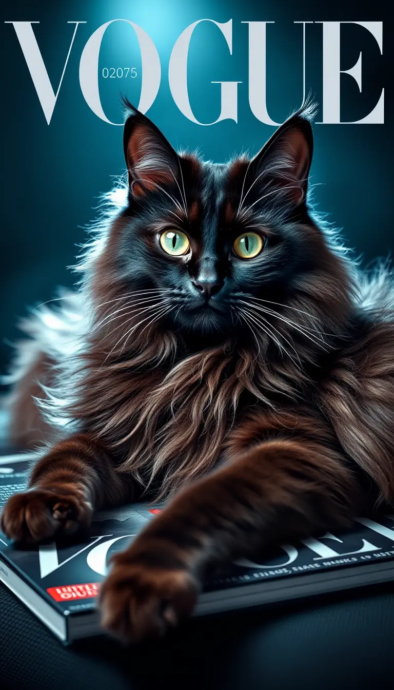 Fashionable black cat posing on glossy vogue magazine cover