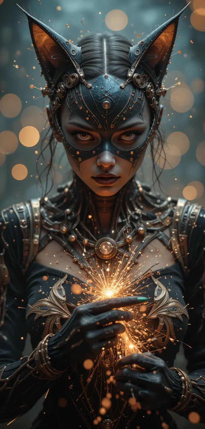 Cyborg catwoman in Christmas sweater with cosmic sparks