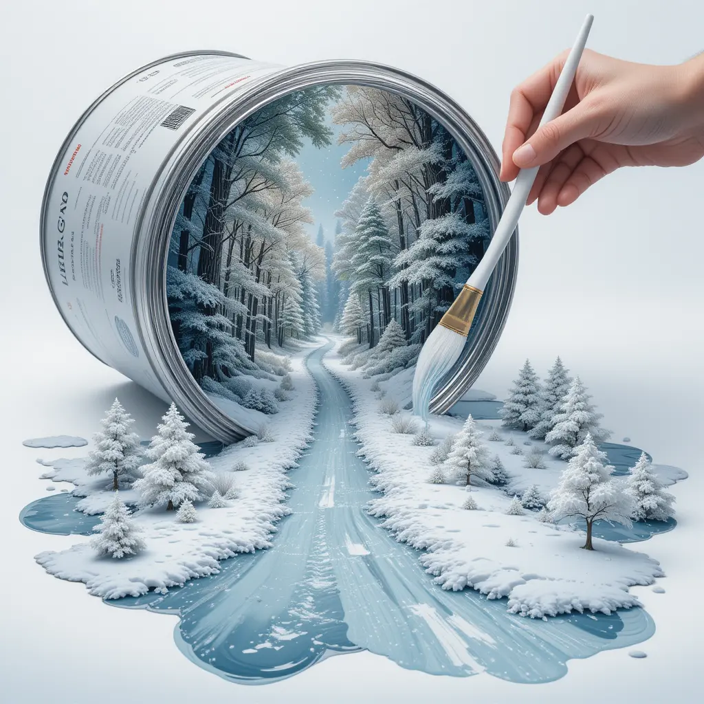 Surreal paint can spilling into a magical winter forest