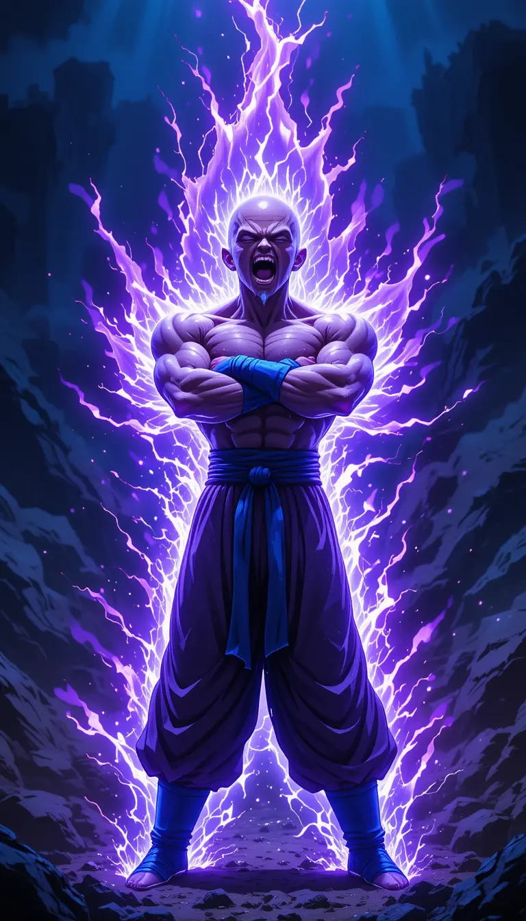 Bald superhero unleashing energy in dark glowing aura
