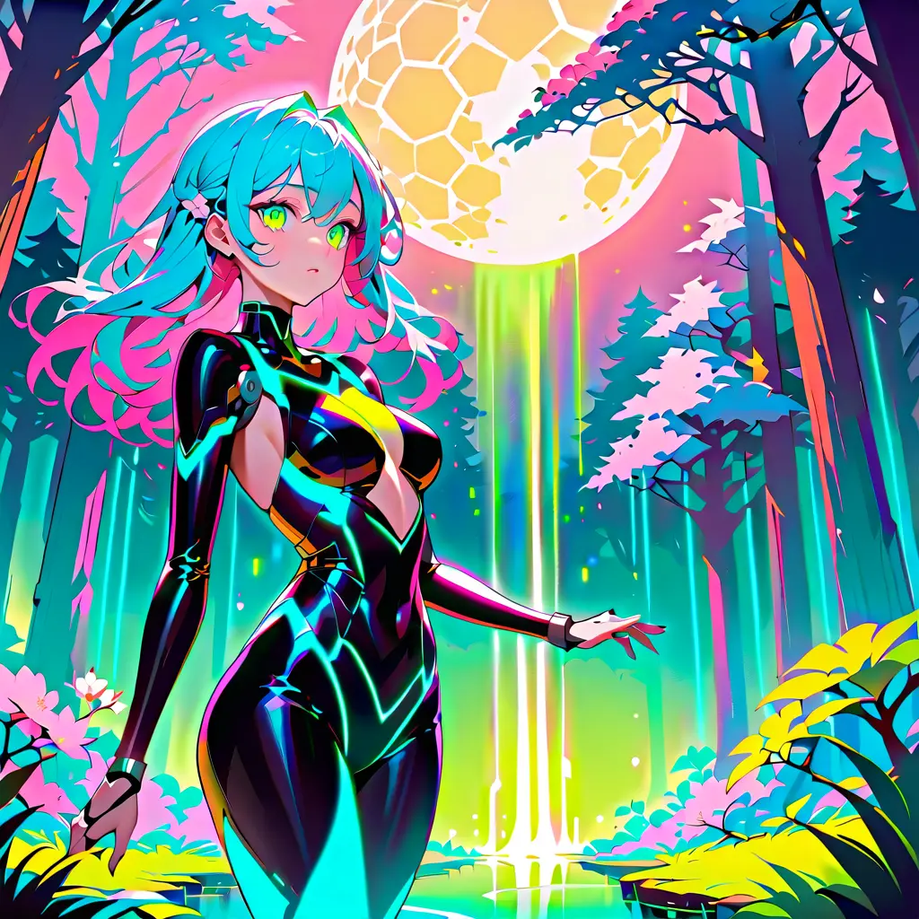 Anime girl in a moonlit cyberpunk forest scene