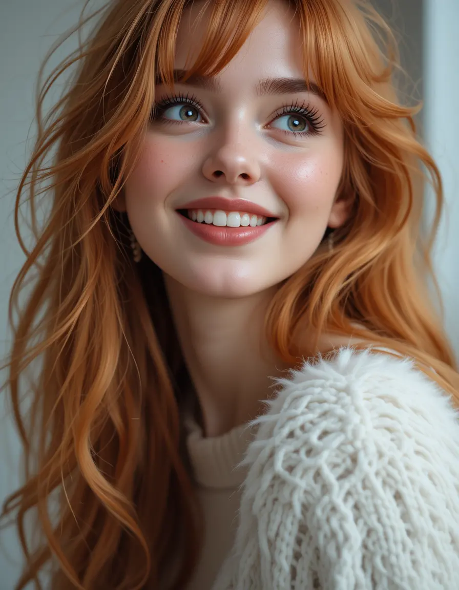 Playful close up portrait of a young red haired girl
