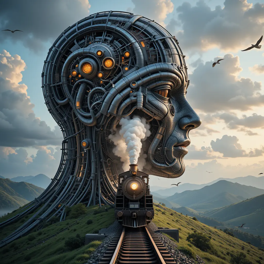 Surreal 3d locomotive emerging from a human head