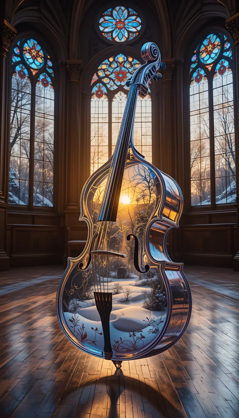 Glowing glass double bass in a grand concert hall
