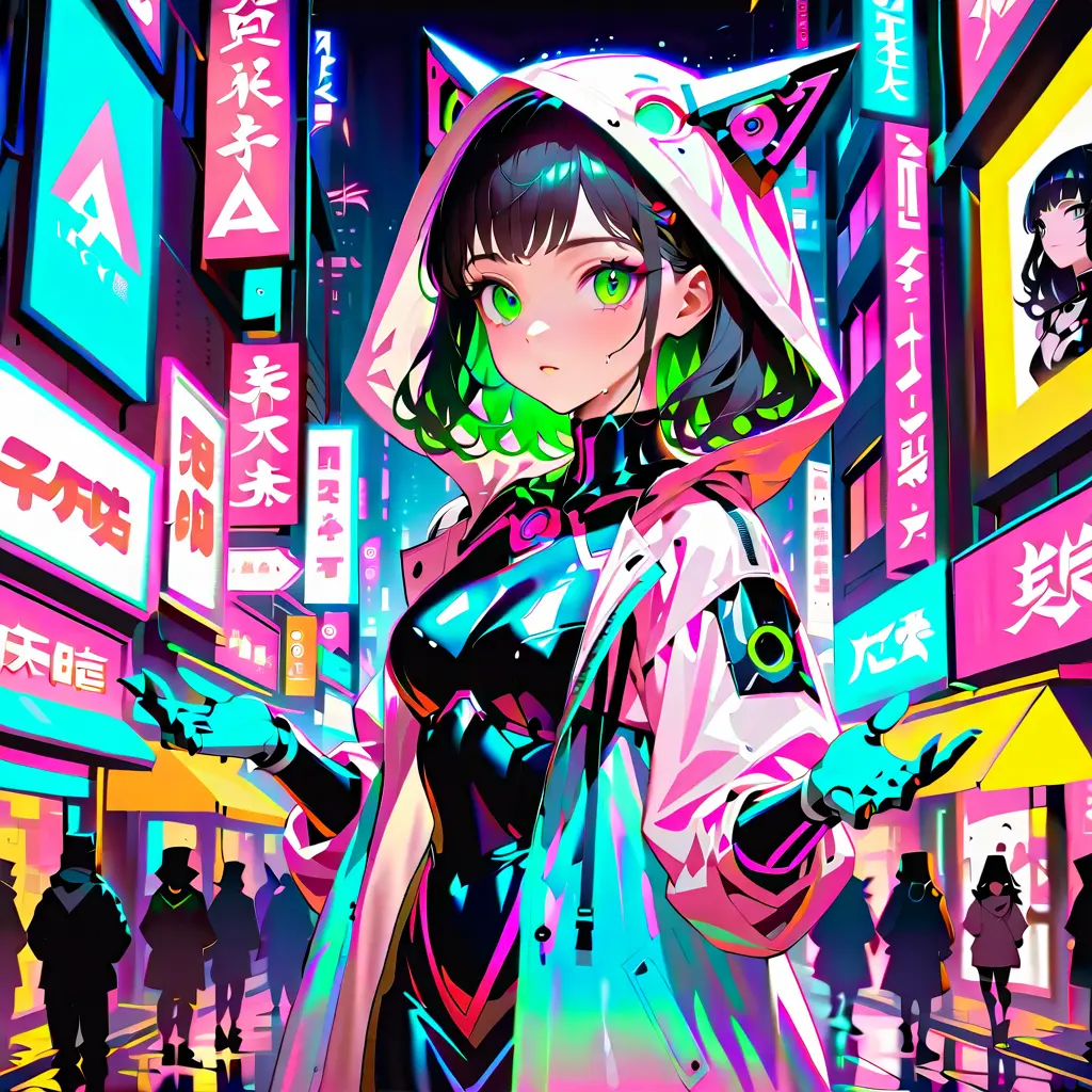 Anime girl with green hair in a soft night scene