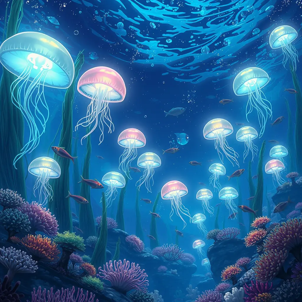 Magical underwater reef with glowing jellyfish and fish