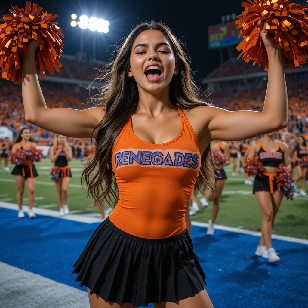Cheerleader girl in orange swimsuit at night stadium